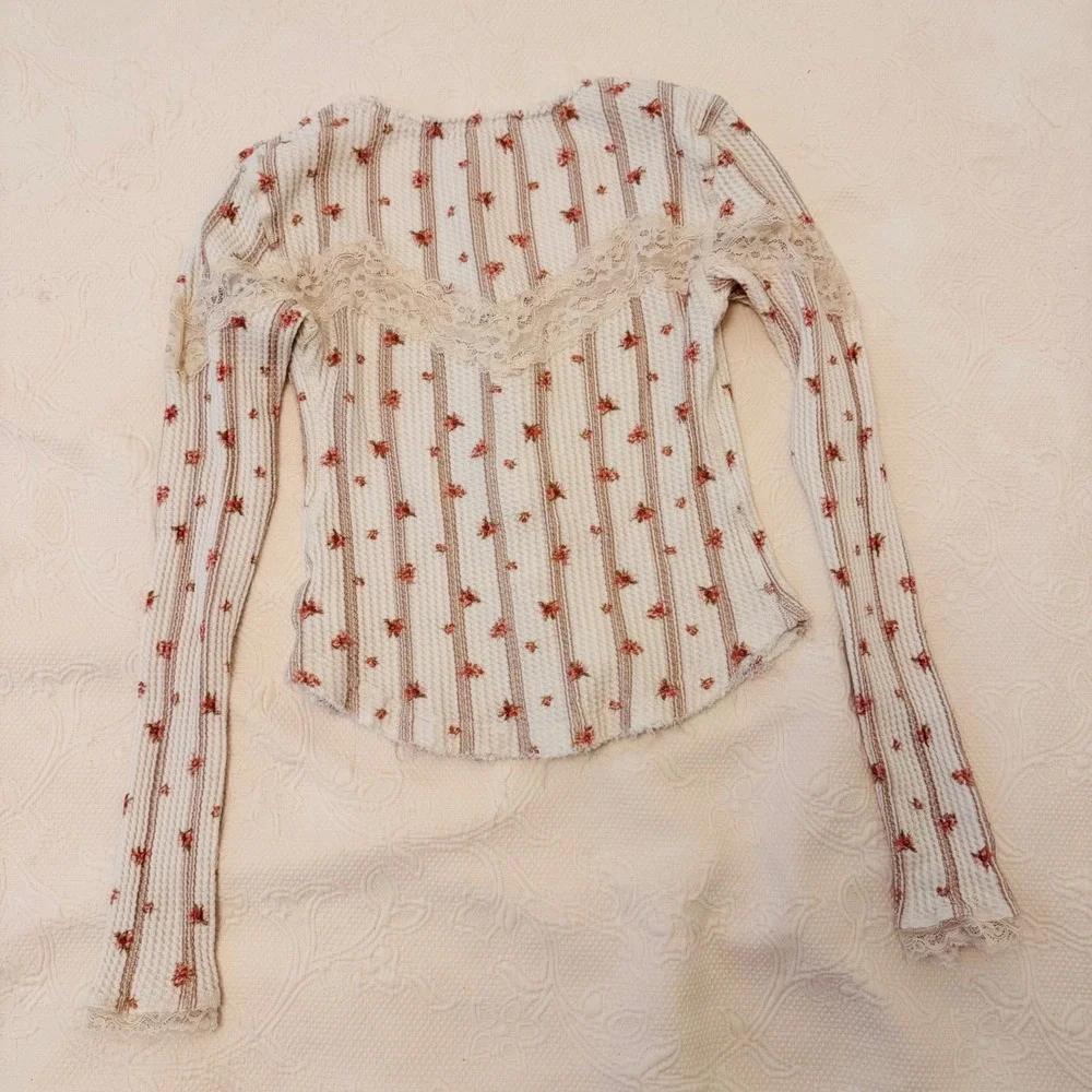 Free People Lets Party Floral Lace Trim Cotton Waffle Knit Cardi Top Cream XS